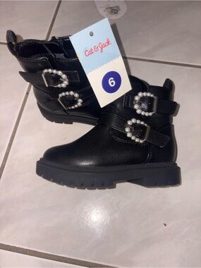 Cat & Jack Black Girls' Pearl-Buckle Combat Boots